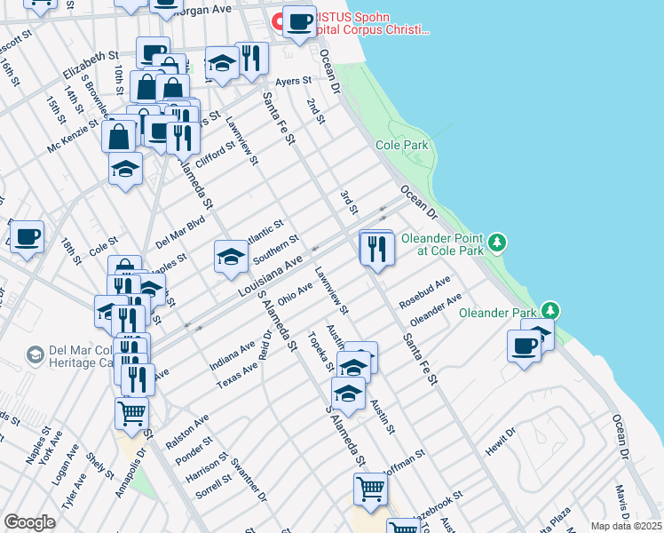 map of restaurants, bars, coffee shops, grocery stores, and more near 330 Ohio Avenue in Corpus Christi