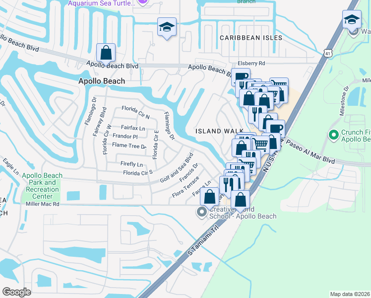 map of restaurants, bars, coffee shops, grocery stores, and more near 6065 Florida Circle South in Apollo Beach