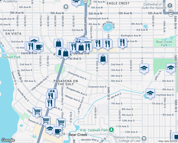 map of restaurants, bars, coffee shops, grocery stores, and more near 6570 3rd Avenue South in St. Petersburg