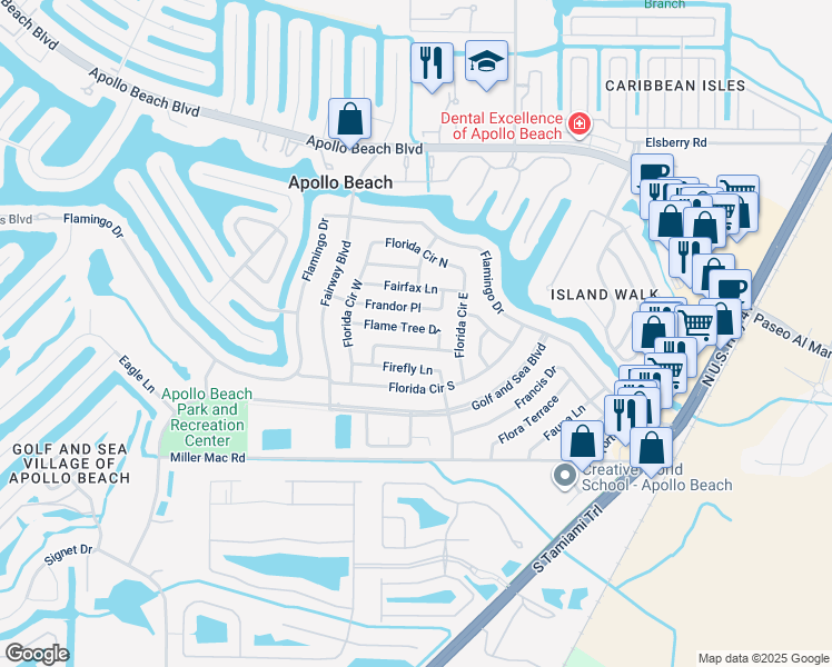 map of restaurants, bars, coffee shops, grocery stores, and more near 500 Flame Tree Drive in Apollo Beach