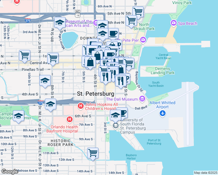 map of restaurants, bars, coffee shops, grocery stores, and more near 330 3rd Street South in Saint Petersburg