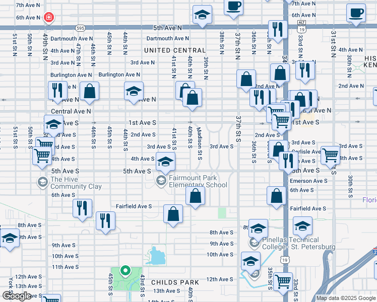 map of restaurants, bars, coffee shops, grocery stores, and more near 313 40th Street South in St. Petersburg