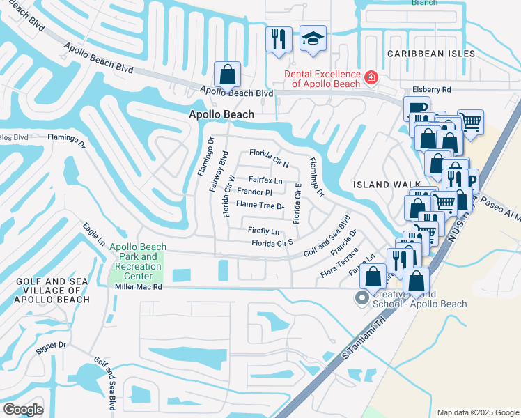 map of restaurants, bars, coffee shops, grocery stores, and more near 522 Flame Tree Drive in Ruskin