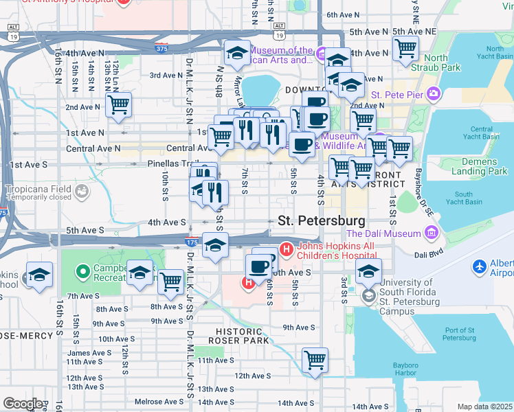 map of restaurants, bars, coffee shops, grocery stores, and more near 630 3rd Avenue South in St. Petersburg