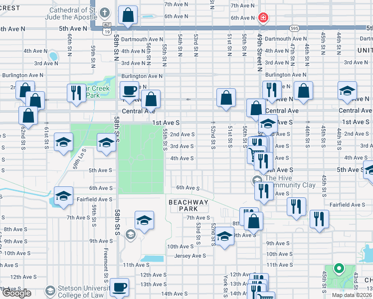 map of restaurants, bars, coffee shops, grocery stores, and more near 5300 3rd Avenue South in St. Petersburg