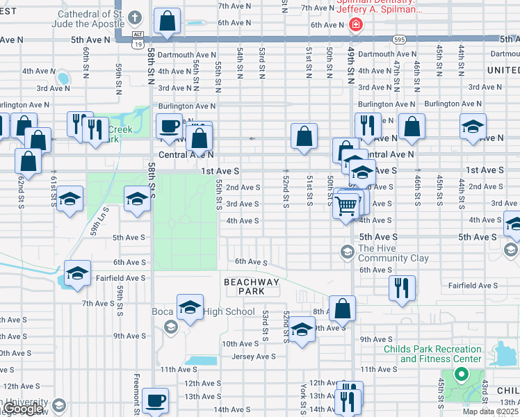 map of restaurants, bars, coffee shops, grocery stores, and more near 5300 3rd Avenue South in St. Petersburg