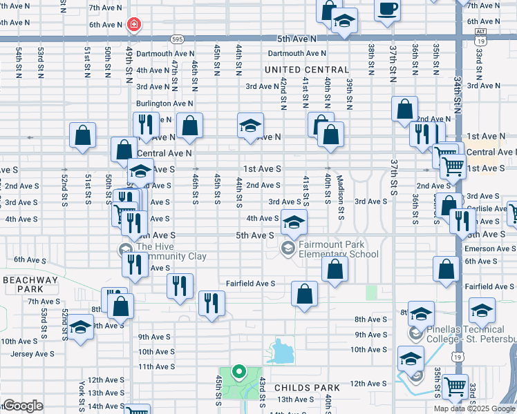 map of restaurants, bars, coffee shops, grocery stores, and more near 4300 3rd Avenue South in St. Petersburg