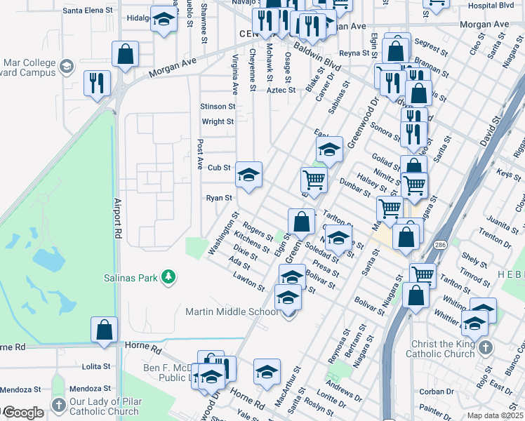 map of restaurants, bars, coffee shops, grocery stores, and more near 2829 Nogales Street in Corpus Christi