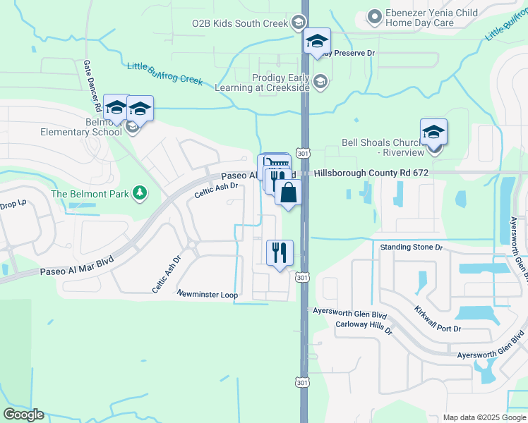 map of restaurants, bars, coffee shops, grocery stores, and more near 10163 Celtic Ash Drive in Ruskin