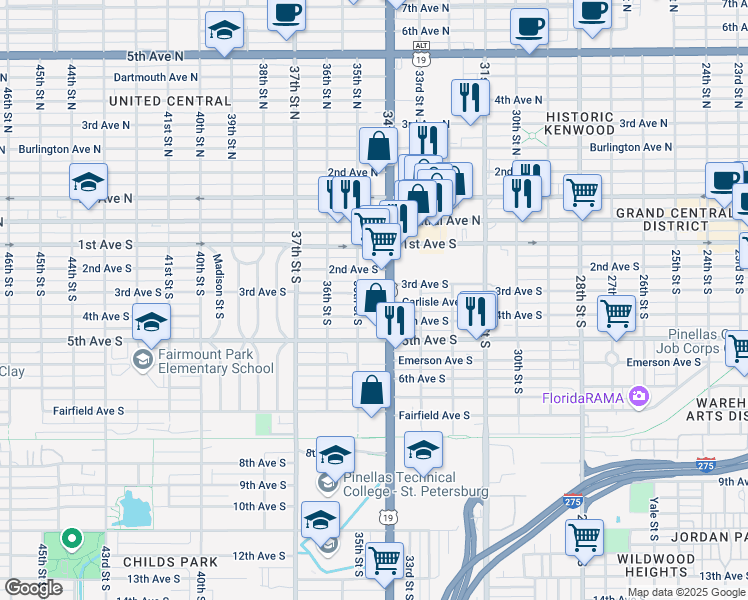 map of restaurants, bars, coffee shops, grocery stores, and more near 3426 3rd Avenue South in St. Petersburg