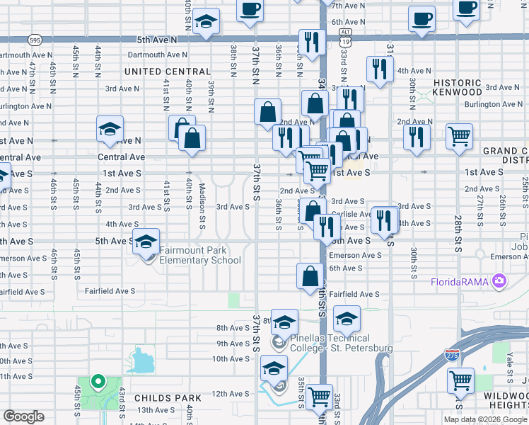 map of restaurants, bars, coffee shops, grocery stores, and more near 3642 3rd Ave S in St Petersburg