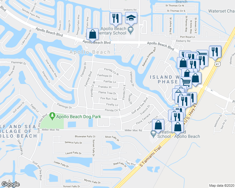 map of restaurants, bars, coffee shops, grocery stores, and more near 500 Flame Tree Drive in Apollo Beach