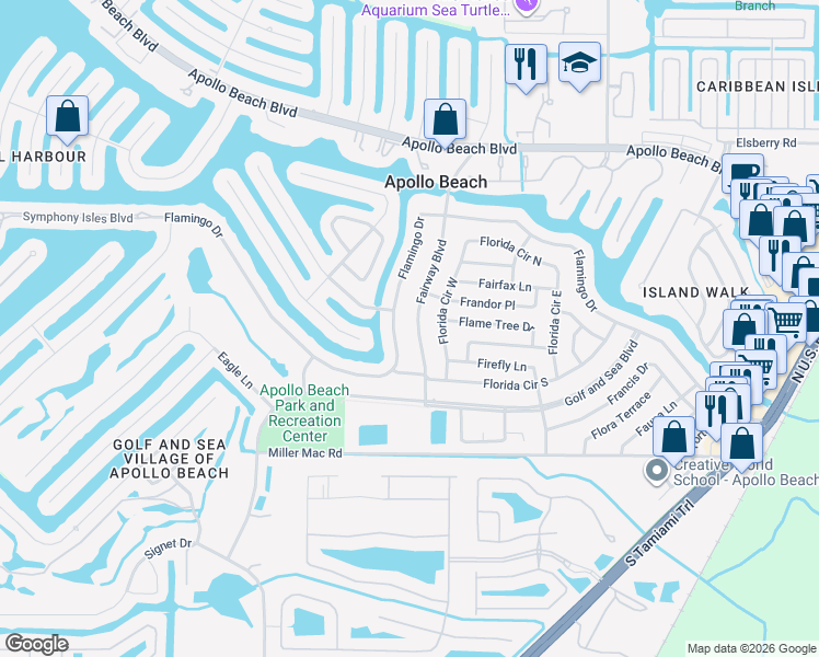 map of restaurants, bars, coffee shops, grocery stores, and more near 6224 Fairway Boulevard in Apollo Beach
