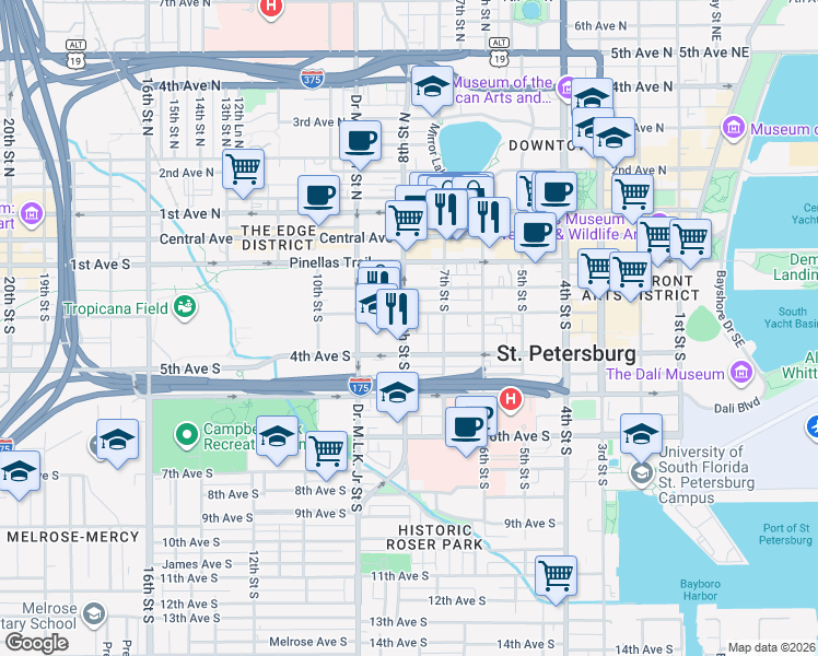 map of restaurants, bars, coffee shops, grocery stores, and more near 720 Charles Court South in St. Petersburg