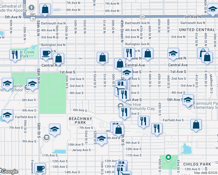 map of restaurants, bars, coffee shops, grocery stores, and more near 5100 3rd Avenue South in St. Petersburg