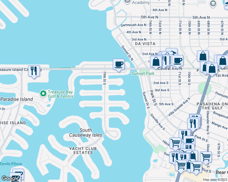 map of restaurants, bars, coffee shops, grocery stores, and more near 7853 2nd Avenue South in St. Petersburg