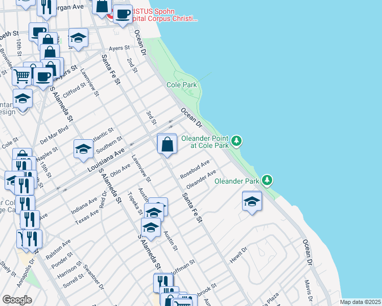 map of restaurants, bars, coffee shops, grocery stores, and more near 214 Leming Ave in Corpus Christi
