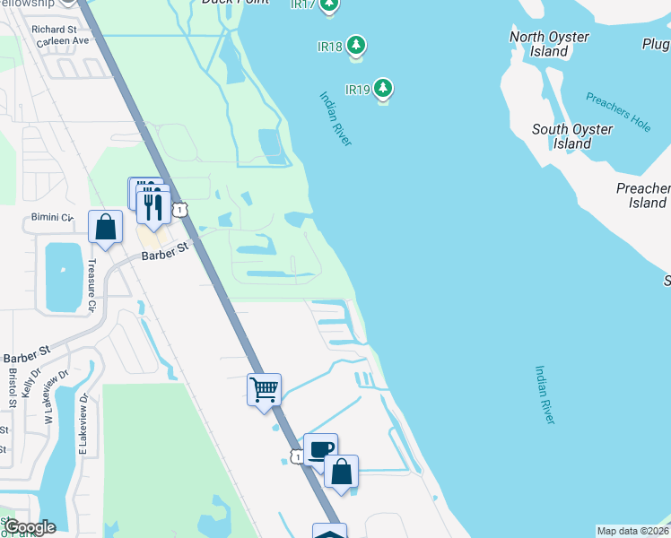 map of restaurants, bars, coffee shops, grocery stores, and more near 9610 Riverside Drive in Sebastian