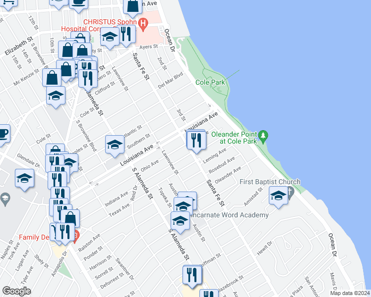 map of restaurants, bars, coffee shops, grocery stores, and more near 2725 Santa Fe Street in Corpus Christi