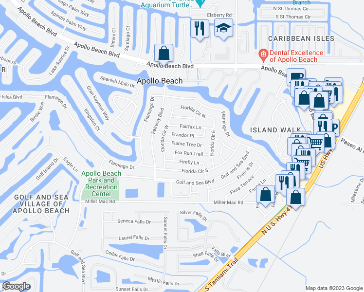map of restaurants, bars, coffee shops, grocery stores, and more near 528 Flame Tree Drive in Apollo Beach