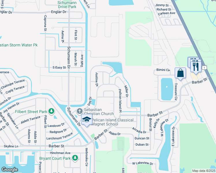 map of restaurants, bars, coffee shops, grocery stores, and more near 140 Pelican Island Place in Sebastian