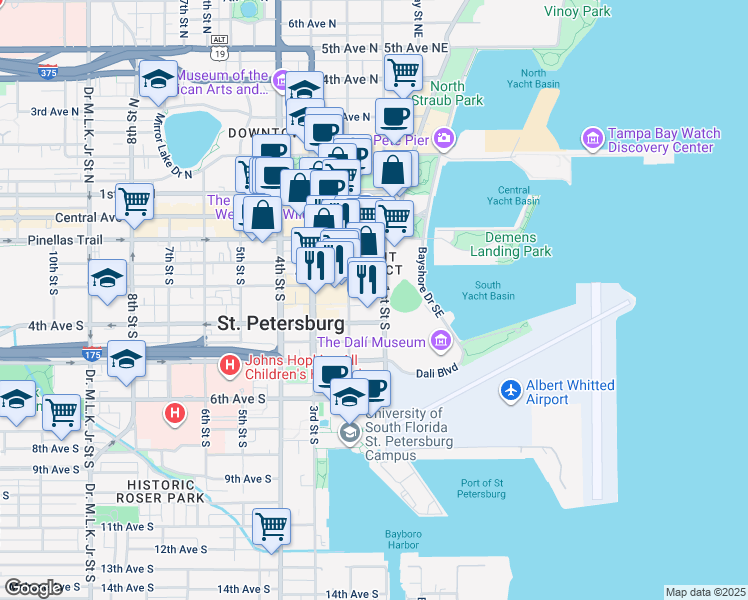 map of restaurants, bars, coffee shops, grocery stores, and more near 333 1st Street Southeast in St. Petersburg