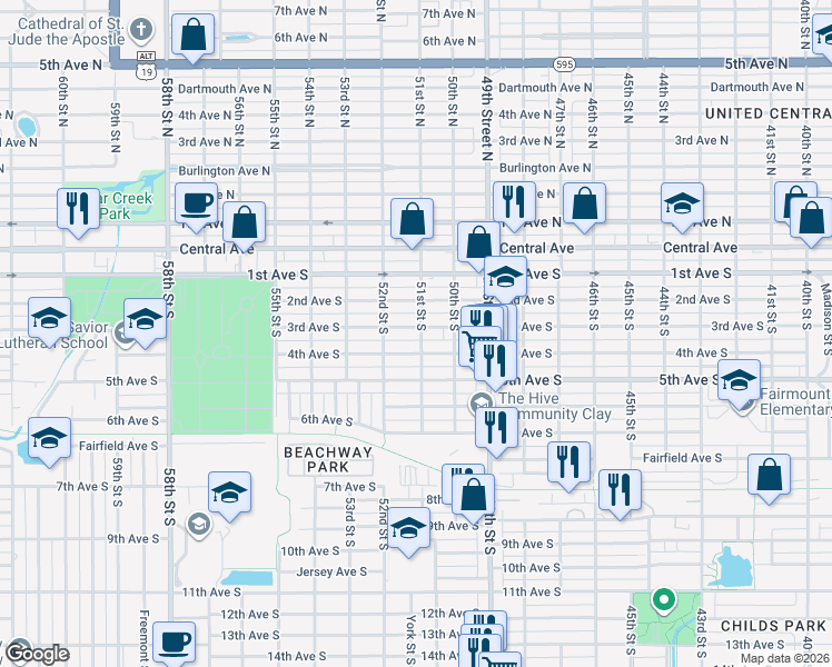 map of restaurants, bars, coffee shops, grocery stores, and more near 5100 3rd Avenue South in St. Petersburg