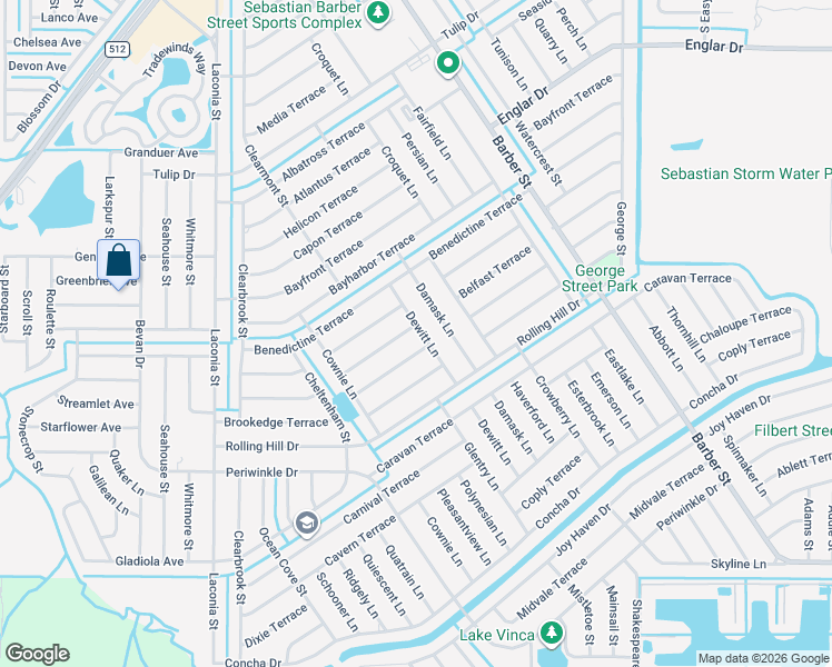 map of restaurants, bars, coffee shops, grocery stores, and more near 602 Belfast Terrace in Sebastian