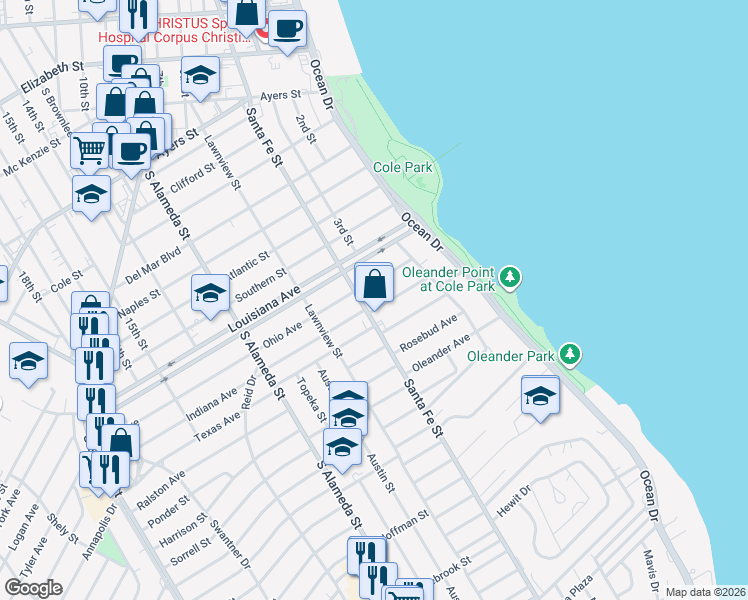 map of restaurants, bars, coffee shops, grocery stores, and more near 244 Indiana Avenue in Corpus Christi