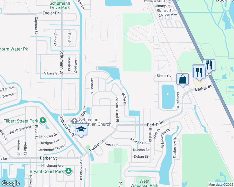 map of restaurants, bars, coffee shops, grocery stores, and more near 129 Pelican Island Place in Sebastian