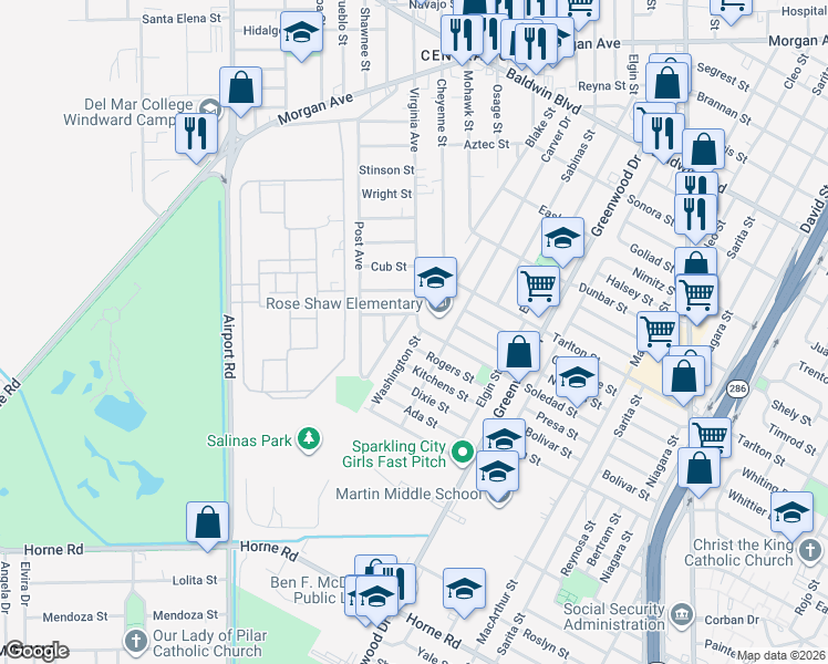 map of restaurants, bars, coffee shops, grocery stores, and more near 3201 Washington Street in Corpus Christi