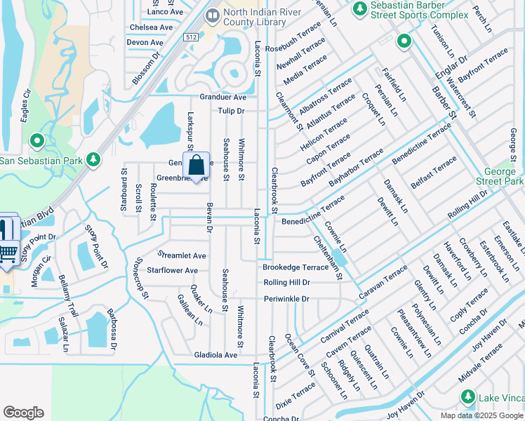 map of restaurants, bars, coffee shops, grocery stores, and more near 1392 Laconia Street in Sebastian