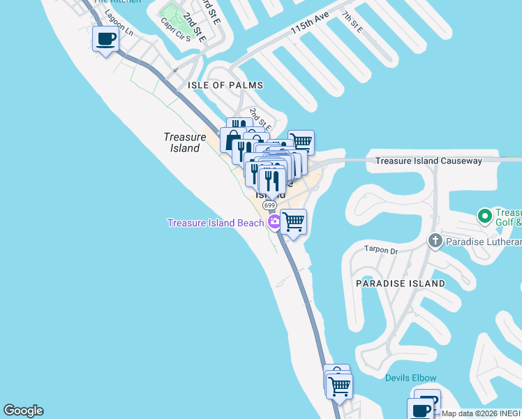 map of restaurants, bars, coffee shops, grocery stores, and more near 10650 Gulf Boulevard in Treasure Island
