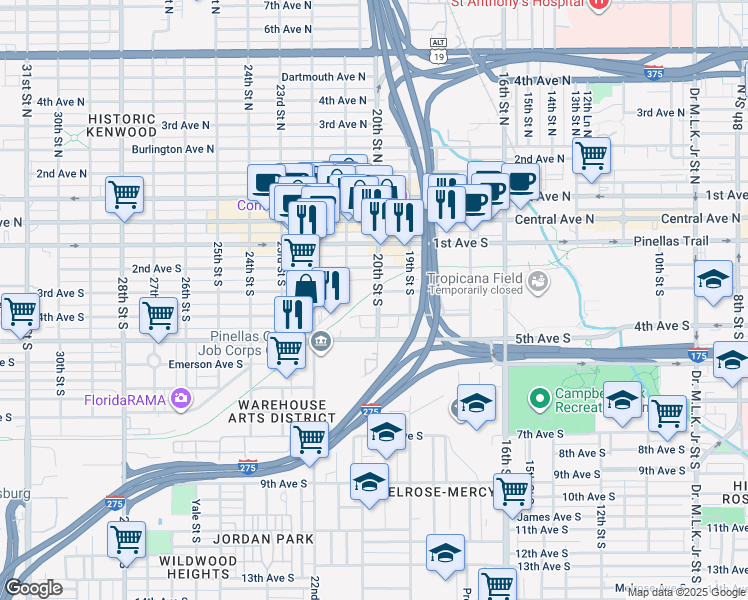 map of restaurants, bars, coffee shops, grocery stores, and more near 301 20th Street South in St. Petersburg