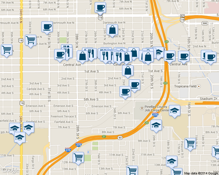 map of restaurants, bars, coffee shops, grocery stores, and more near 2432 3rd Avenue South in St. Petersburg