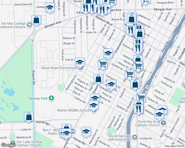 map of restaurants, bars, coffee shops, grocery stores, and more near 2741 Guadalupe Street in Corpus Christi