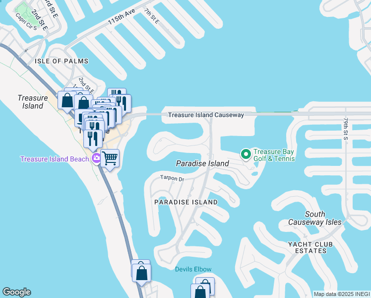 map of restaurants, bars, coffee shops, grocery stores, and more near 62 Dolphin Drive in Treasure Island