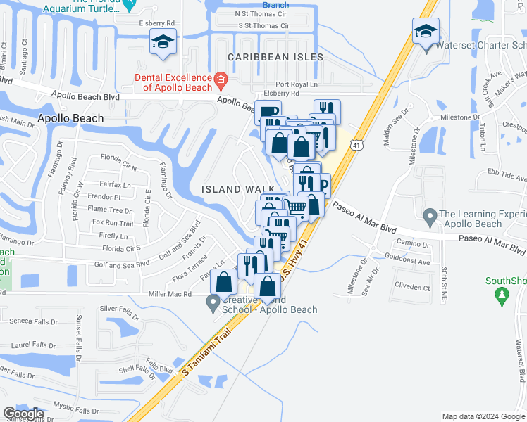 map of restaurants, bars, coffee shops, grocery stores, and more near 215 Lookout Drive in Apollo Beach