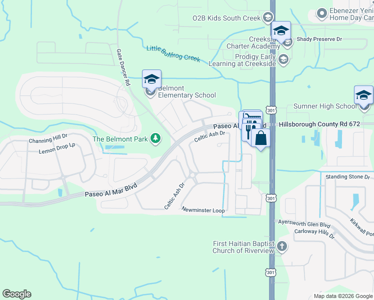 map of restaurants, bars, coffee shops, grocery stores, and more near 10329 Celtic Ash Drive in Ruskin