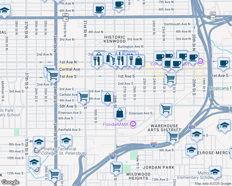 map of restaurants, bars, coffee shops, grocery stores, and more near 2758 3rd Avenue South in St. Petersburg