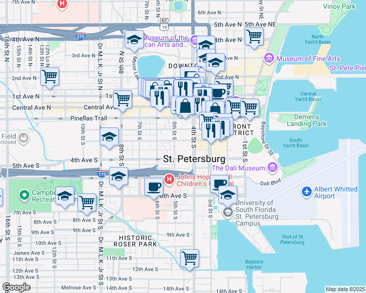 map of restaurants, bars, coffee shops, grocery stores, and more near 430 3rd Avenue South in St. Petersburg