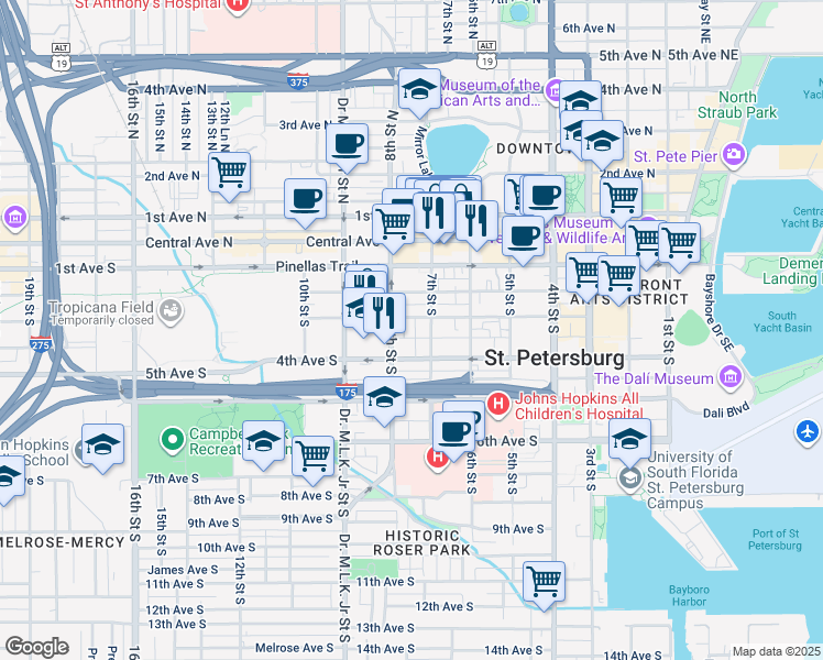 map of restaurants, bars, coffee shops, grocery stores, and more near 720 Charles Court South in St. Petersburg