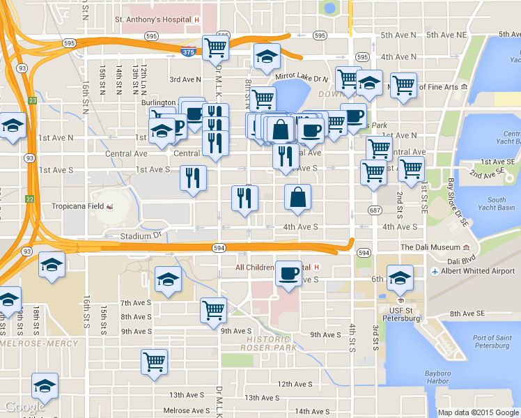 map of restaurants, bars, coffee shops, grocery stores, and more near 720 Charles Court South in St. Petersburg