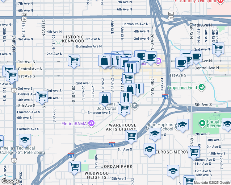 map of restaurants, bars, coffee shops, grocery stores, and more near 2334 3rd Avenue South in St. Petersburg