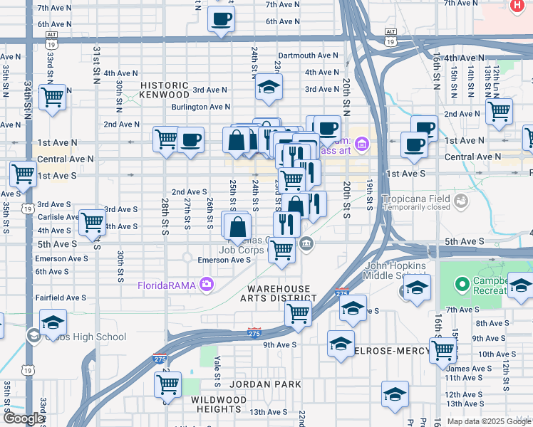 map of restaurants, bars, coffee shops, grocery stores, and more near 2334 3rd Avenue South in St. Petersburg