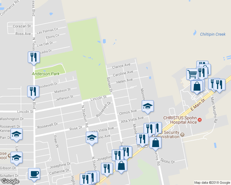 map of restaurants, bars, coffee shops, grocery stores, and more near 1800 Walker Drive in Alice