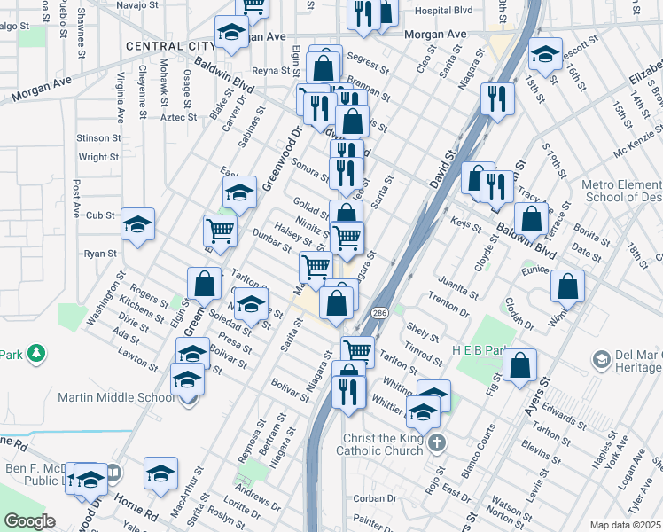 map of restaurants, bars, coffee shops, grocery stores, and more near 2935 South Port Avenue in Corpus Christi