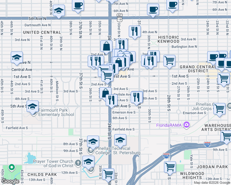 map of restaurants, bars, coffee shops, grocery stores, and more near 3321 Carlisle Avenue South in St. Petersburg