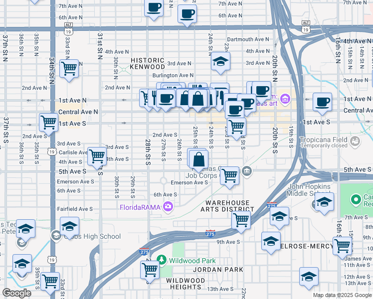 map of restaurants, bars, coffee shops, grocery stores, and more near 2534 3rd Avenue South in St. Petersburg