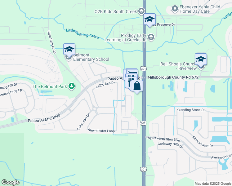 map of restaurants, bars, coffee shops, grocery stores, and more near 10164 Celtic Ash Drive in Ruskin
